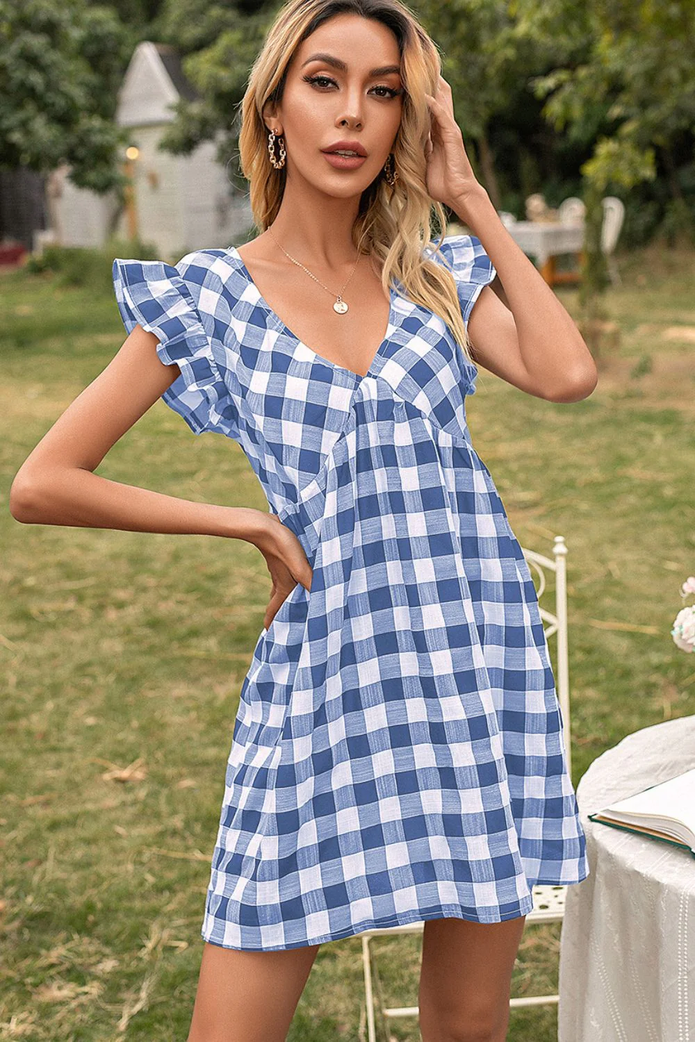 Ivy Lane Plaid Butterfly Sleeve Deep V Dress - Image 4