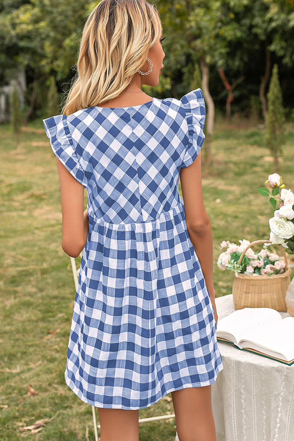 Ivy Lane Plaid Butterfly Sleeve Deep V Dress - Image 6