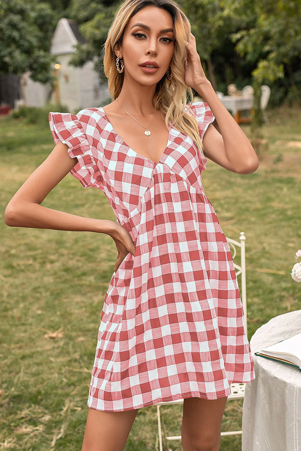 Ivy Lane Plaid Butterfly Sleeve Deep V Dress - Image 7