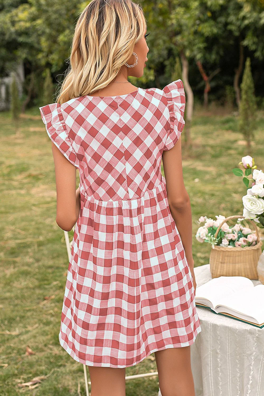 Ivy Lane Plaid Butterfly Sleeve Deep V Dress - Image 9