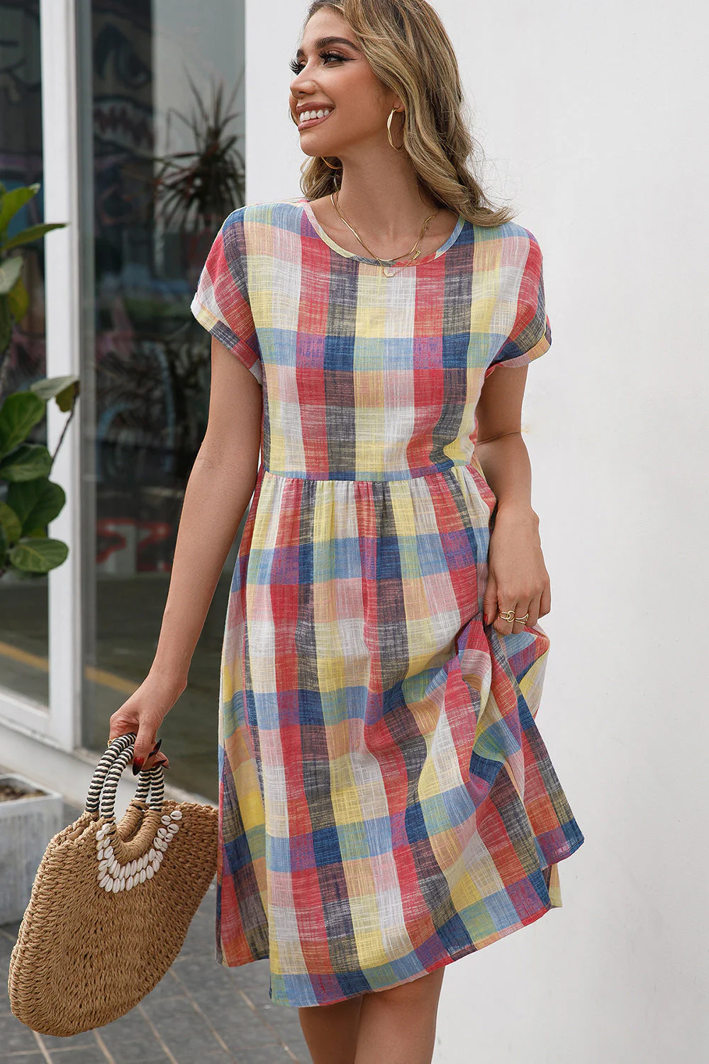 Ivy Lane Plaid Round Neck Cap Sleeve Dress - Image 10