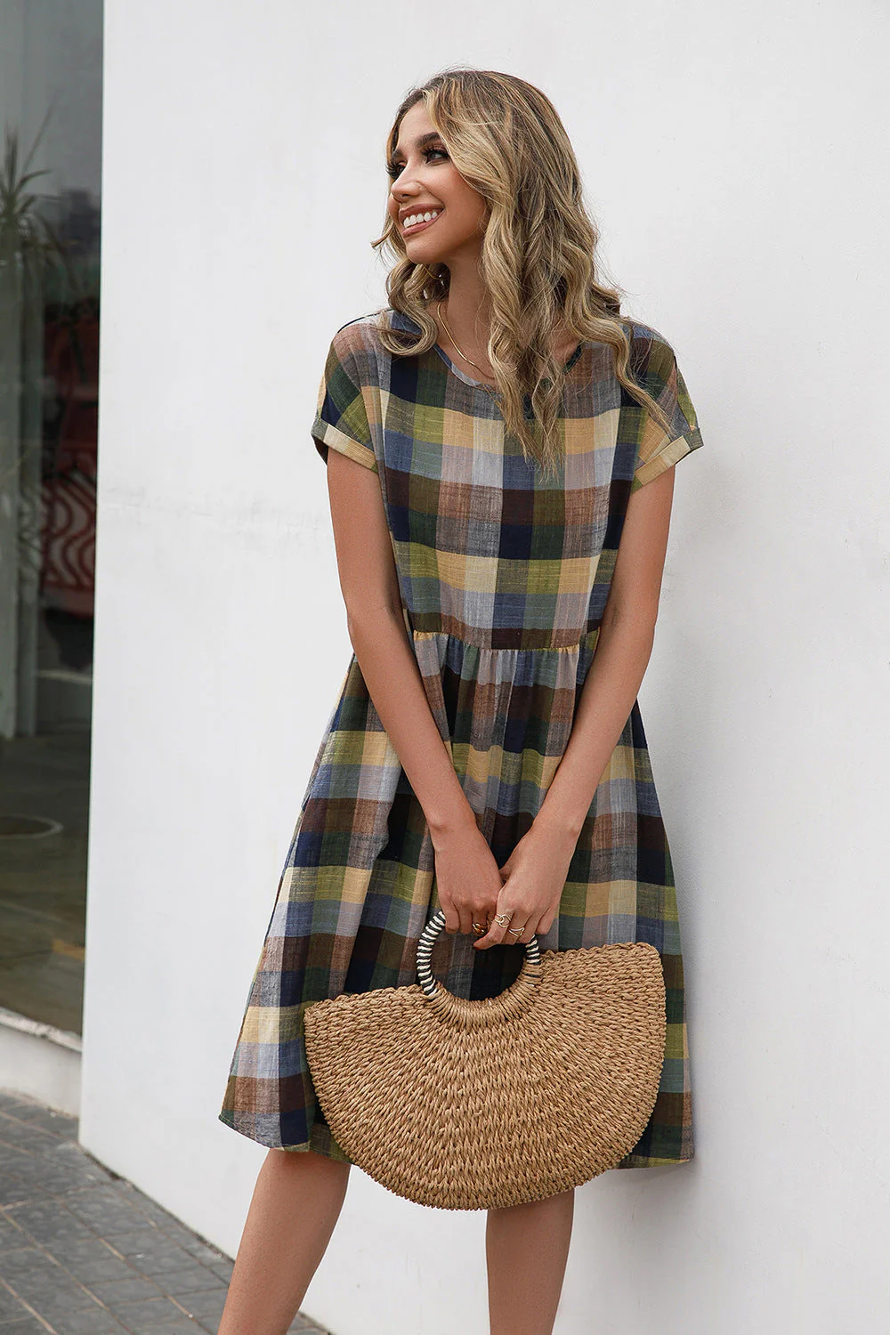 Ivy Lane Plaid Round Neck Cap Sleeve Dress - Image 3