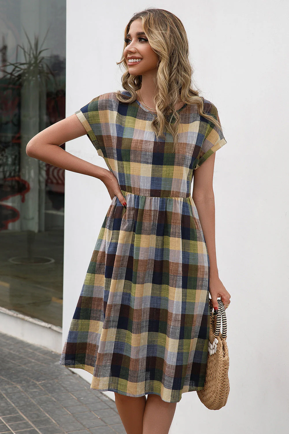 Ivy Lane Plaid Round Neck Cap Sleeve Dress - Image 4
