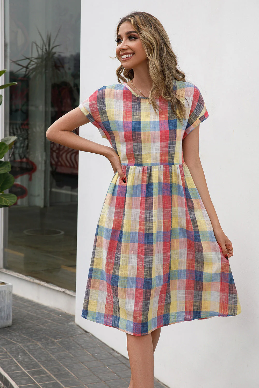 Ivy Lane Plaid Round Neck Cap Sleeve Dress - Image 7