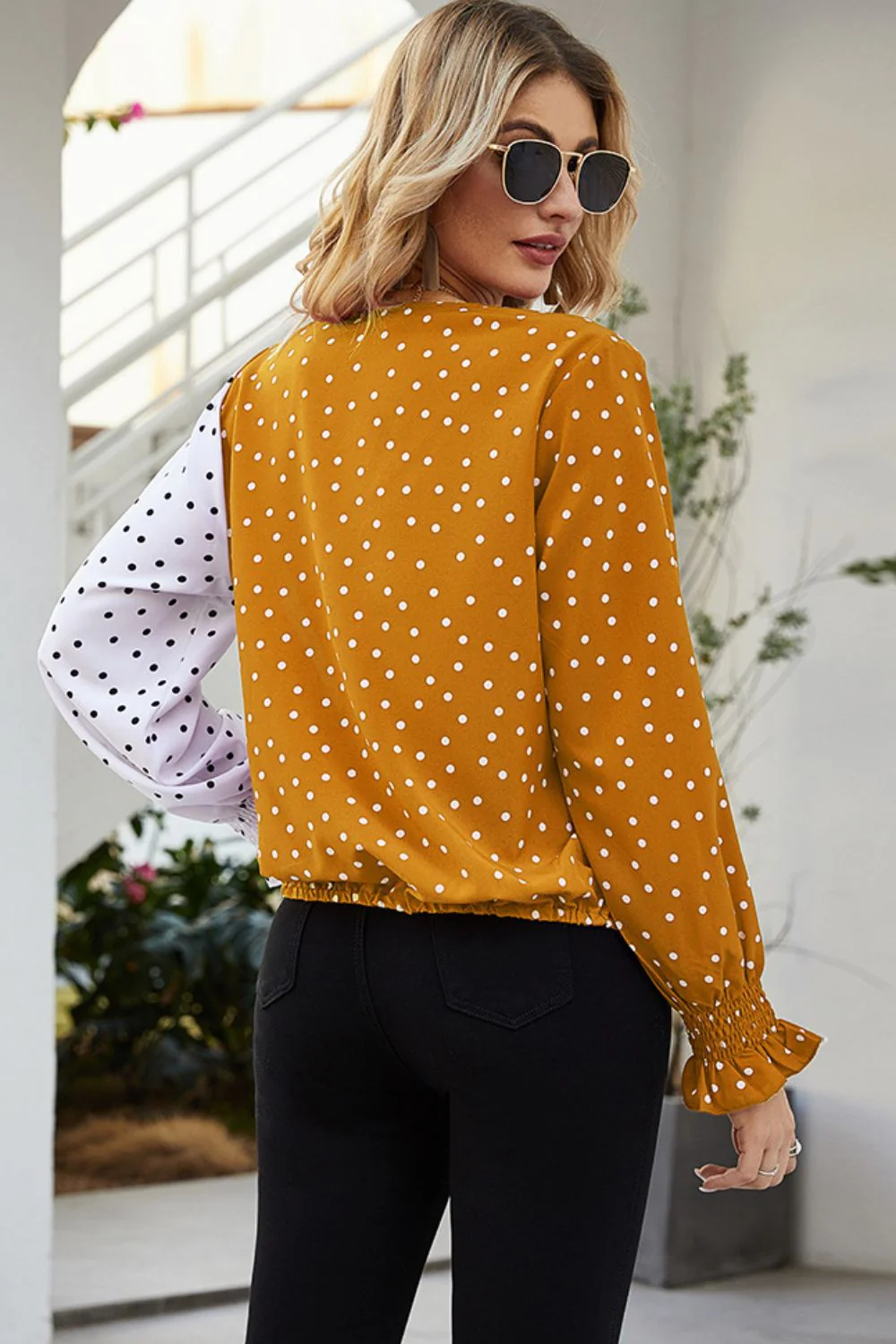 Ivy Lane Polka Dot Surplice Neck Lantern Sleeve Blouse - Image 2