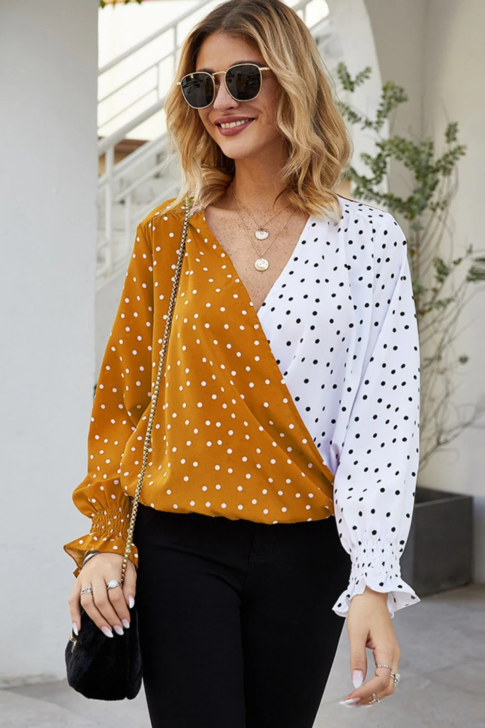 Ivy Lane Polka Dot Surplice Neck Lantern Sleeve Blouse - Image 3