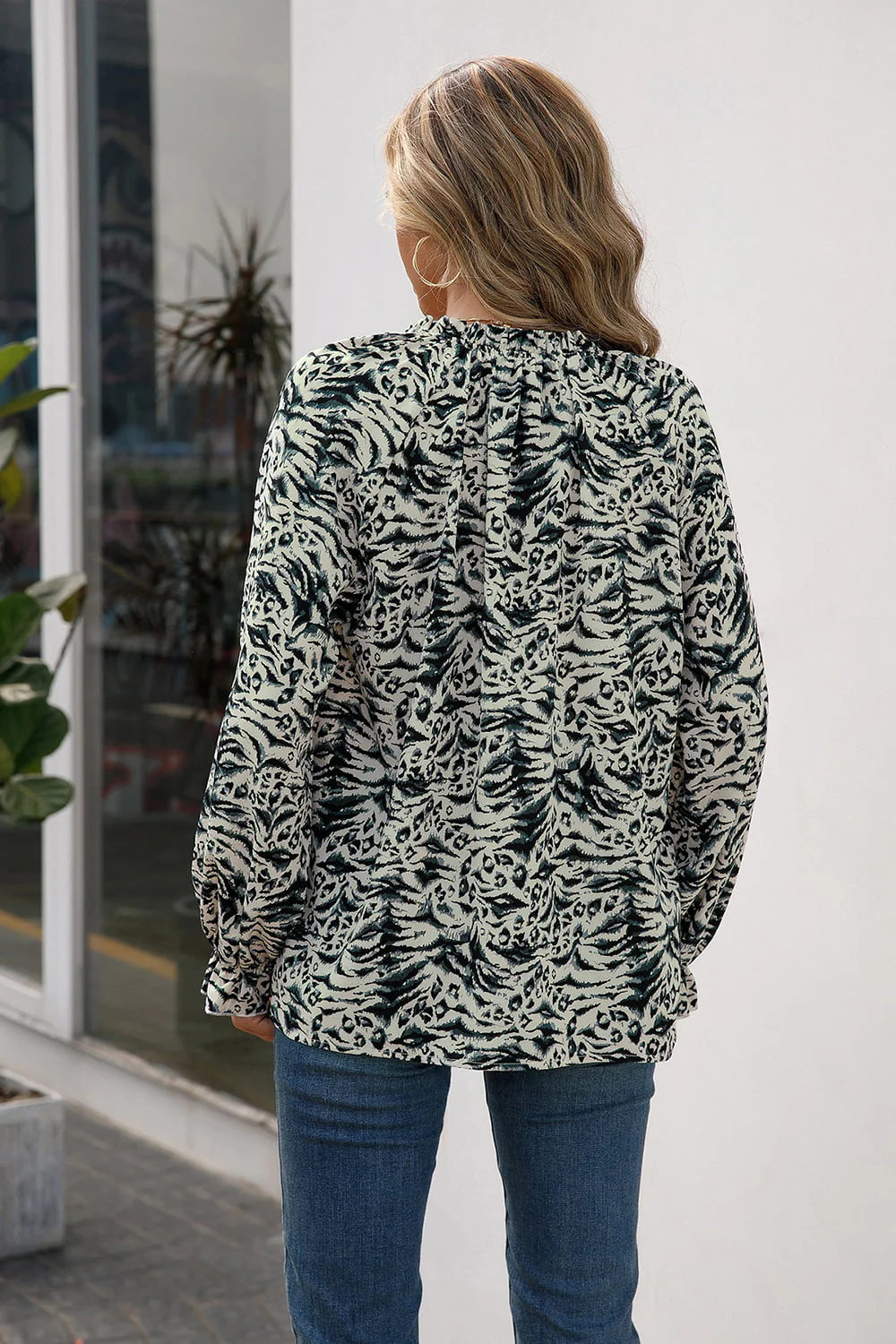 Ivy Lane Printed Tie Neck Frill Trim Flounce Sleeve Blouse - Image 11