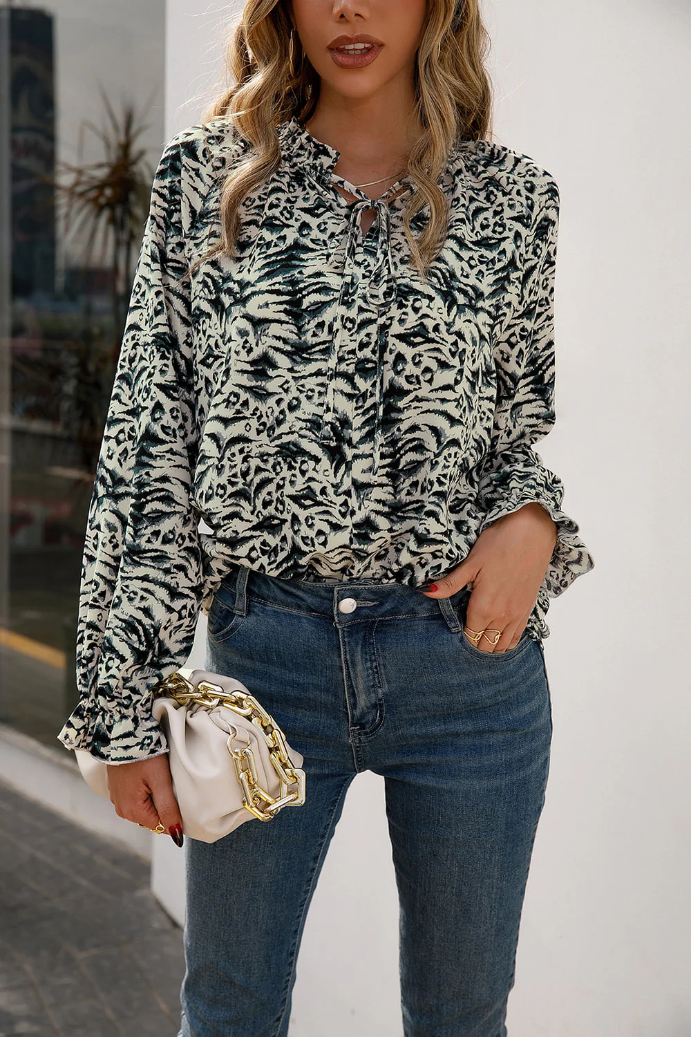 Ivy Lane Printed Tie Neck Frill Trim Flounce Sleeve Blouse - Image 12
