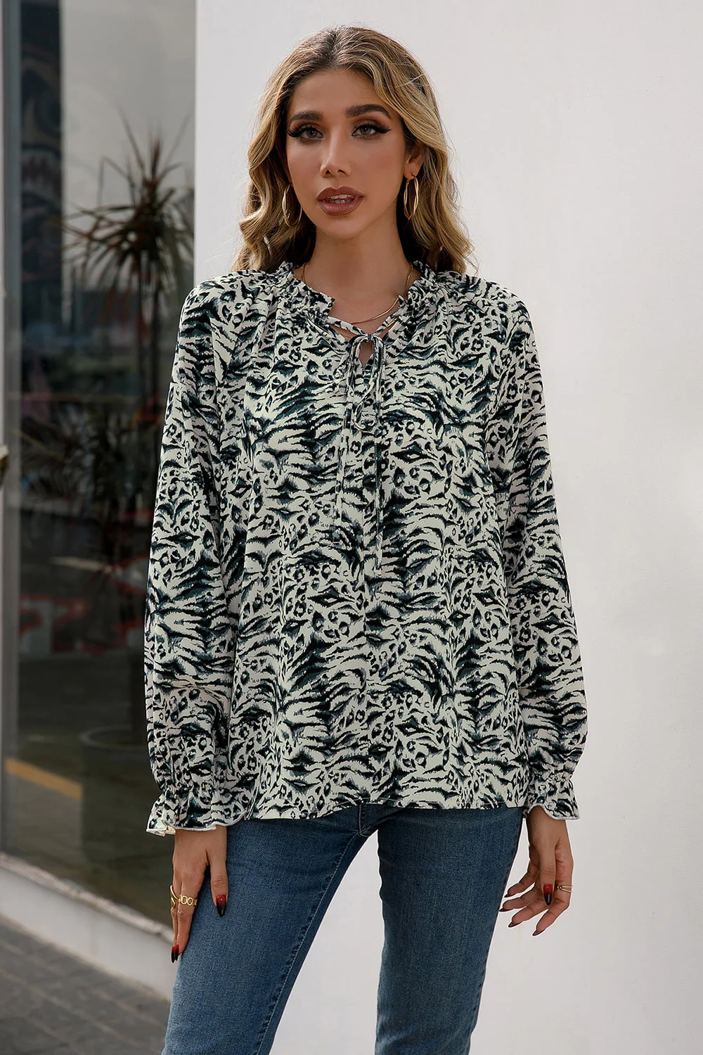 Ivy Lane Printed Tie Neck Frill Trim Flounce Sleeve Blouse - Image 8