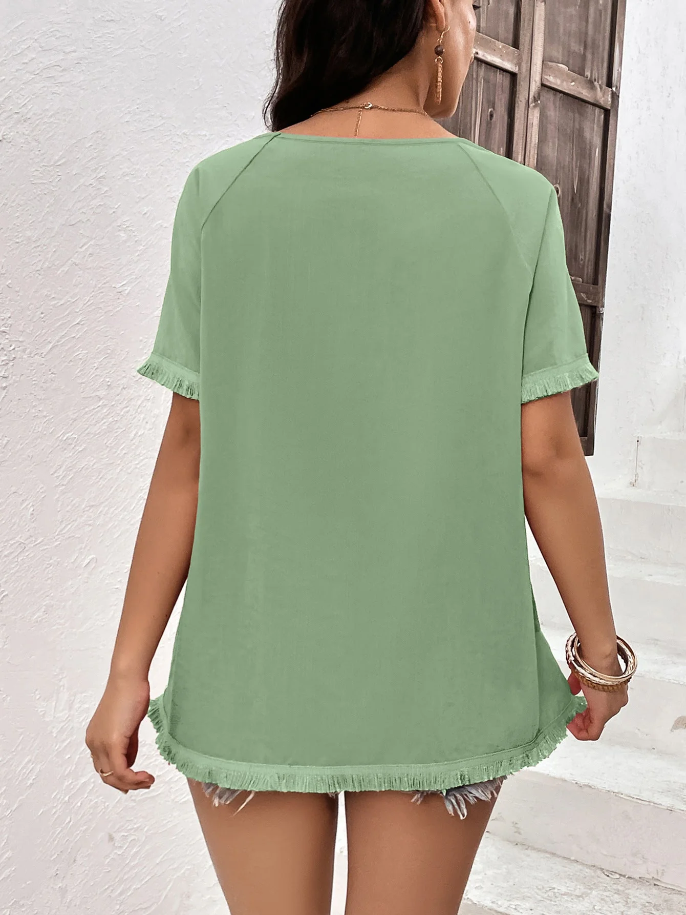 Ivy Lane Round Neck Raglan Sleeve Fringe Detail Top - Image 2