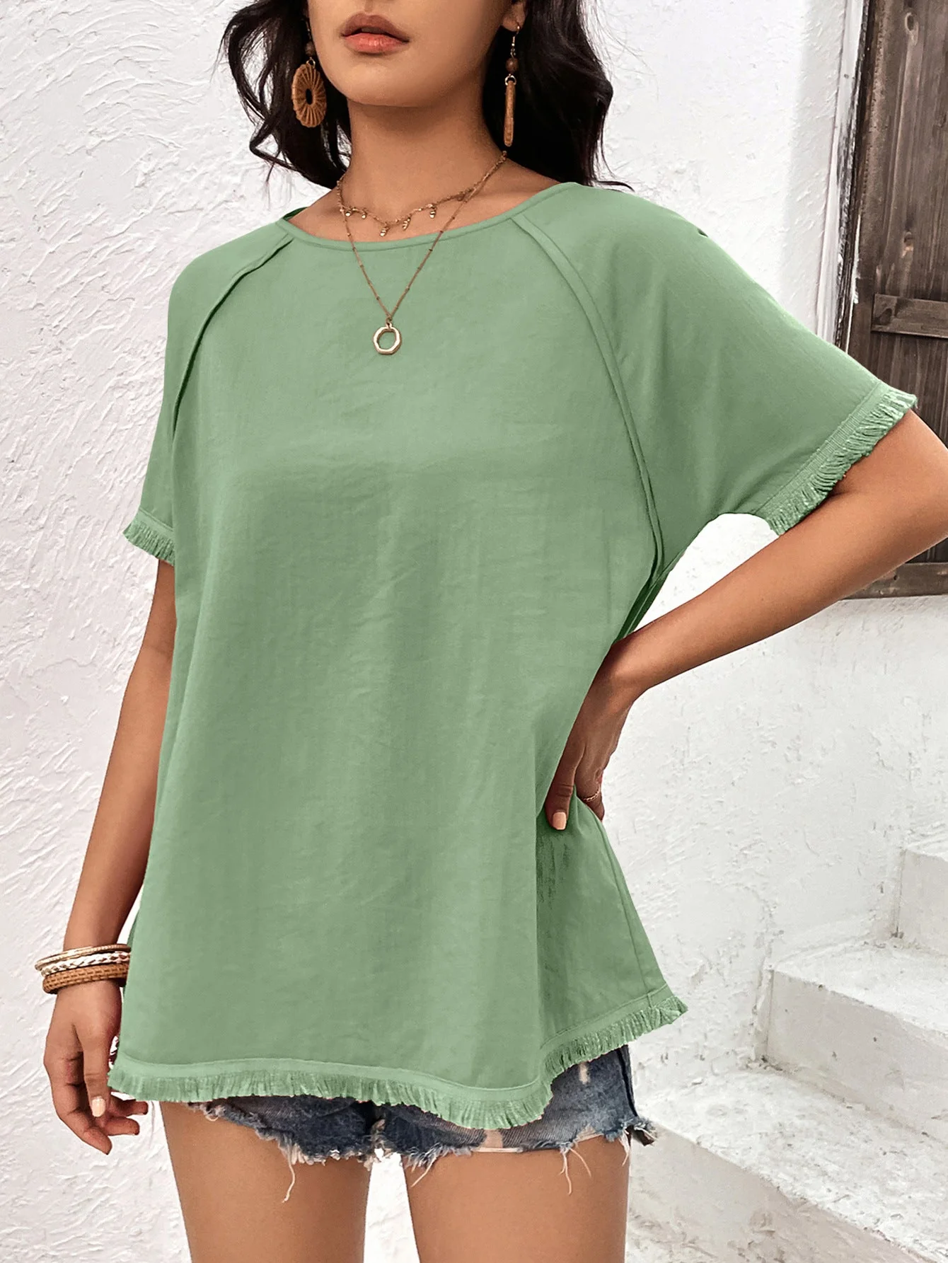 Ivy Lane Round Neck Raglan Sleeve Fringe Detail Top - Image 3