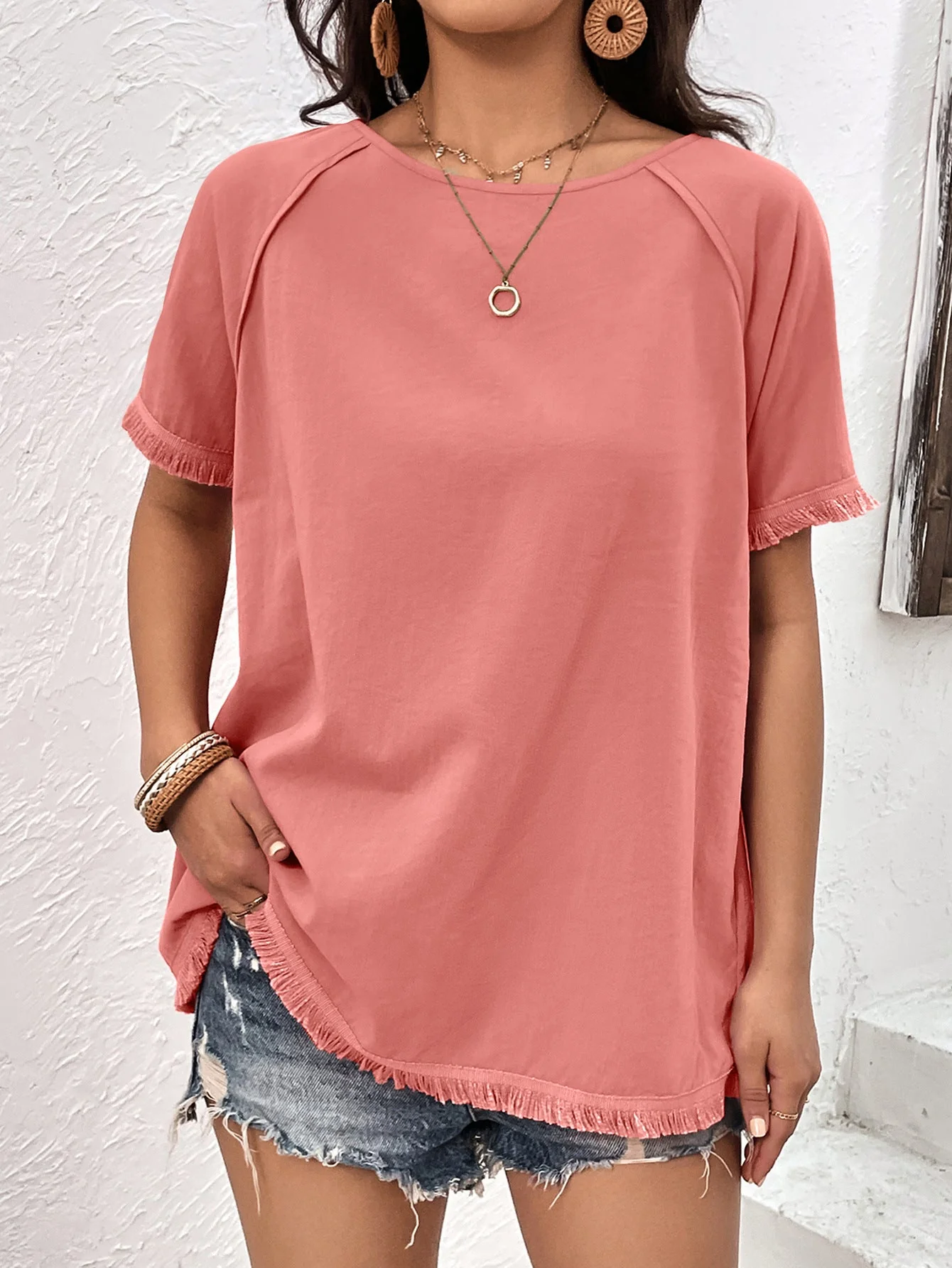 Ivy Lane Round Neck Raglan Sleeve Fringe Detail Top - Image 4