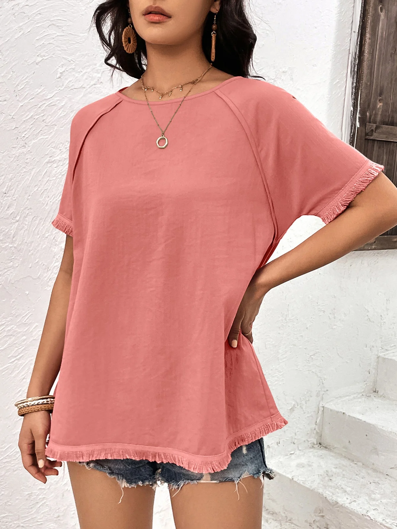 Ivy Lane Round Neck Raglan Sleeve Fringe Detail Top - Image 5
