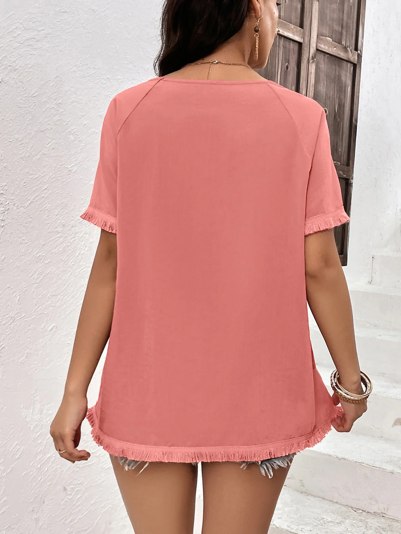 Ivy Lane Round Neck Raglan Sleeve Fringe Detail Top - Image 6