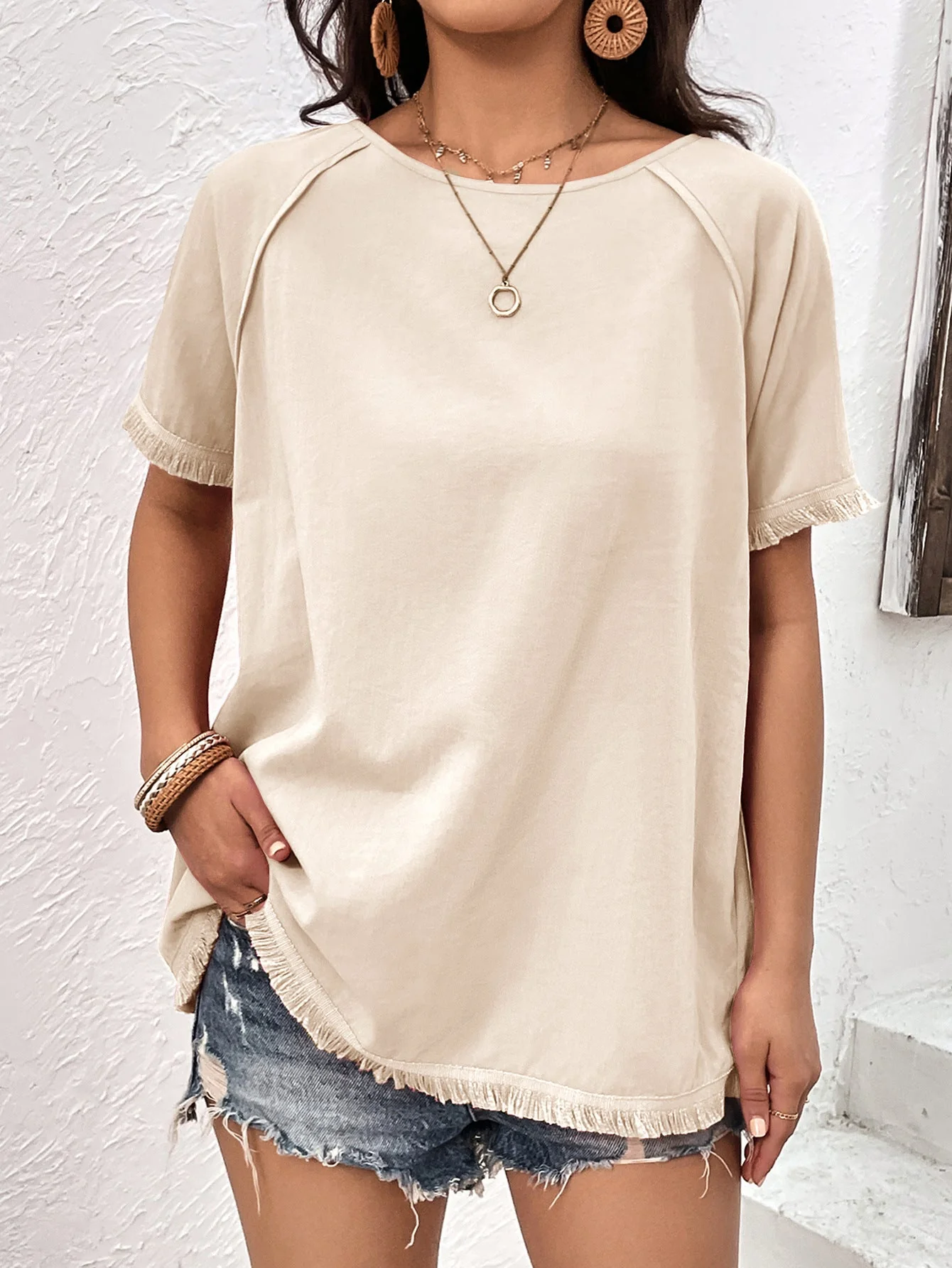 Ivy Lane Round Neck Raglan Sleeve Fringe Detail Top - Image 7