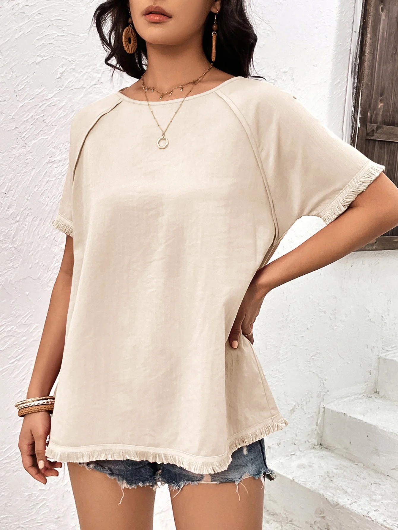 Ivy Lane Round Neck Raglan Sleeve Fringe Detail Top - Image 8