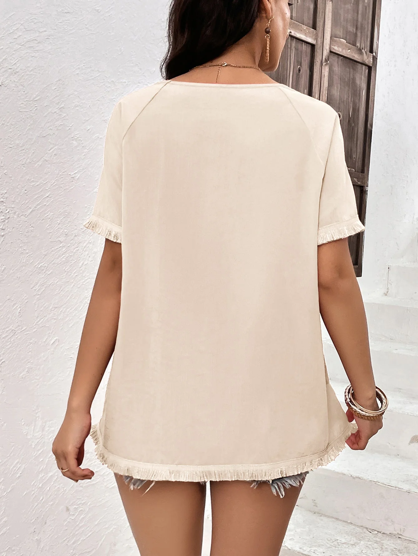 Ivy Lane Round Neck Raglan Sleeve Fringe Detail Top - Image 9