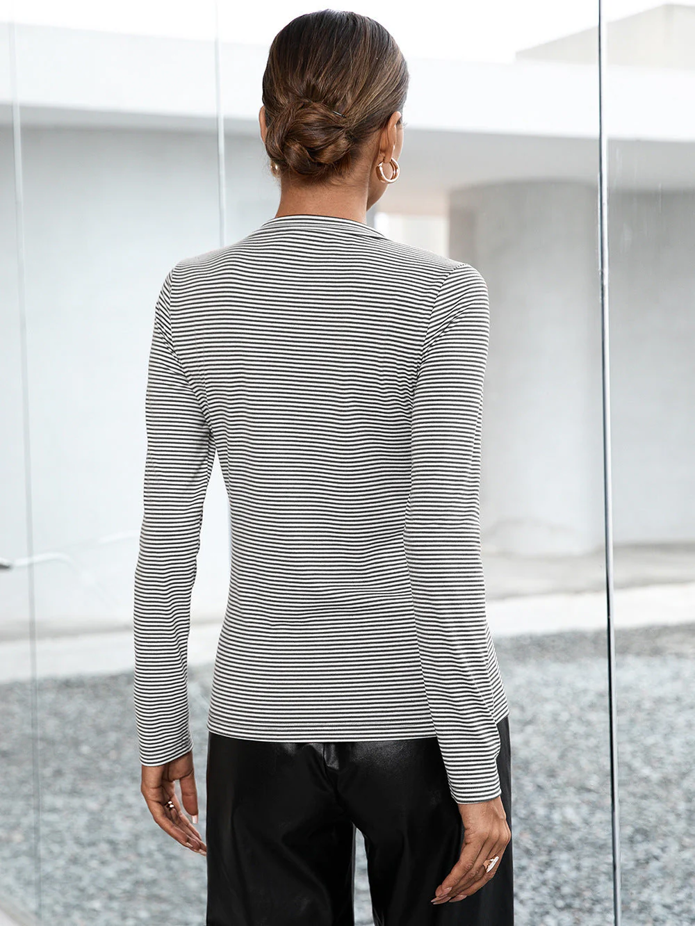 Ivy Lane Striped Buttoned V-Neck Long Sleeve Top - Image 2
