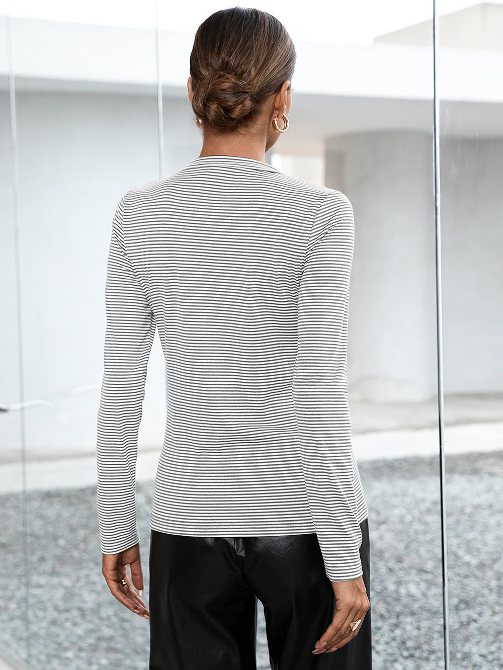 Ivy Lane Striped Buttoned V-Neck Long Sleeve Top - Image 6