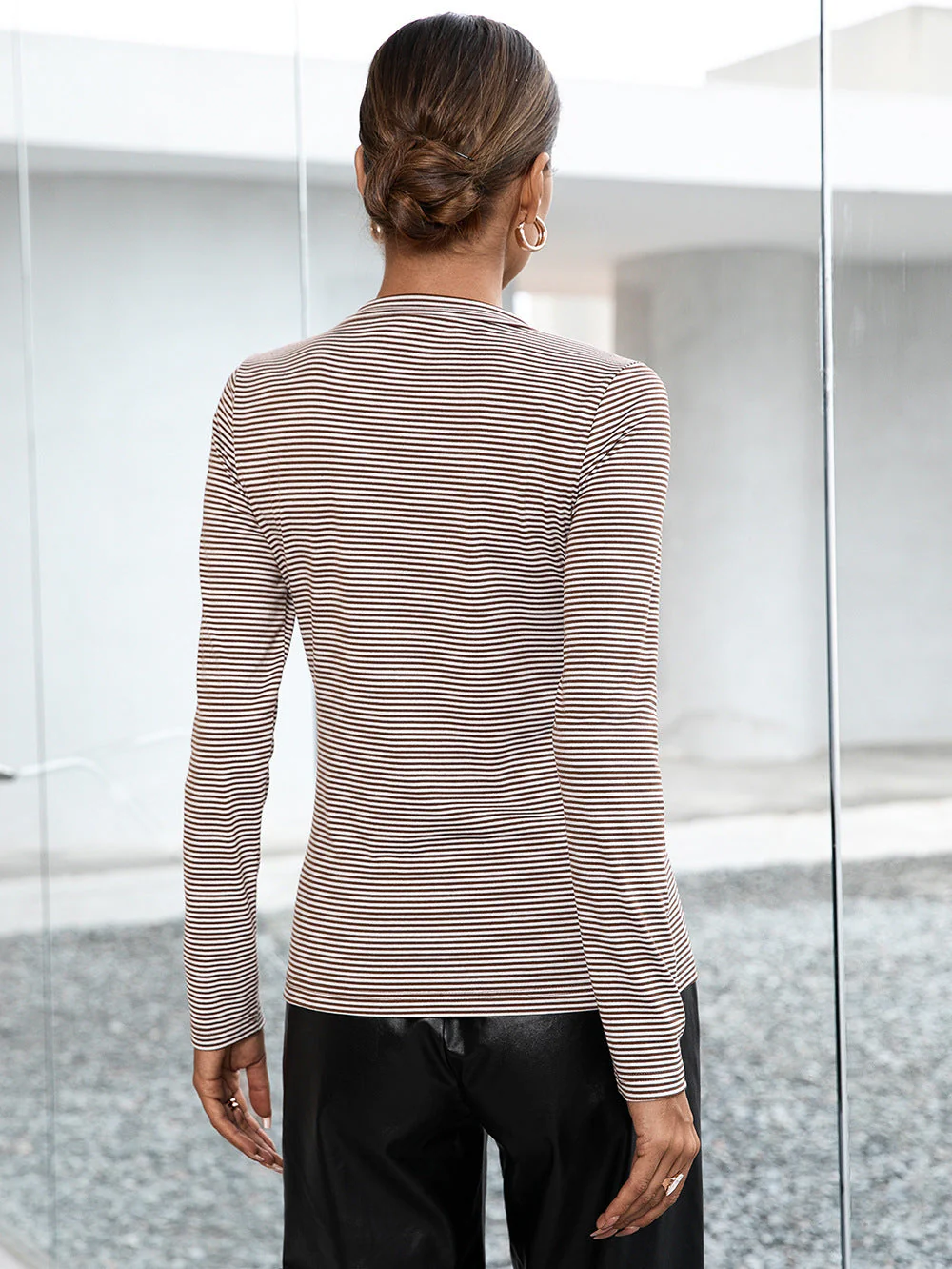 Ivy Lane Striped Buttoned V-Neck Long Sleeve Top - Image 9