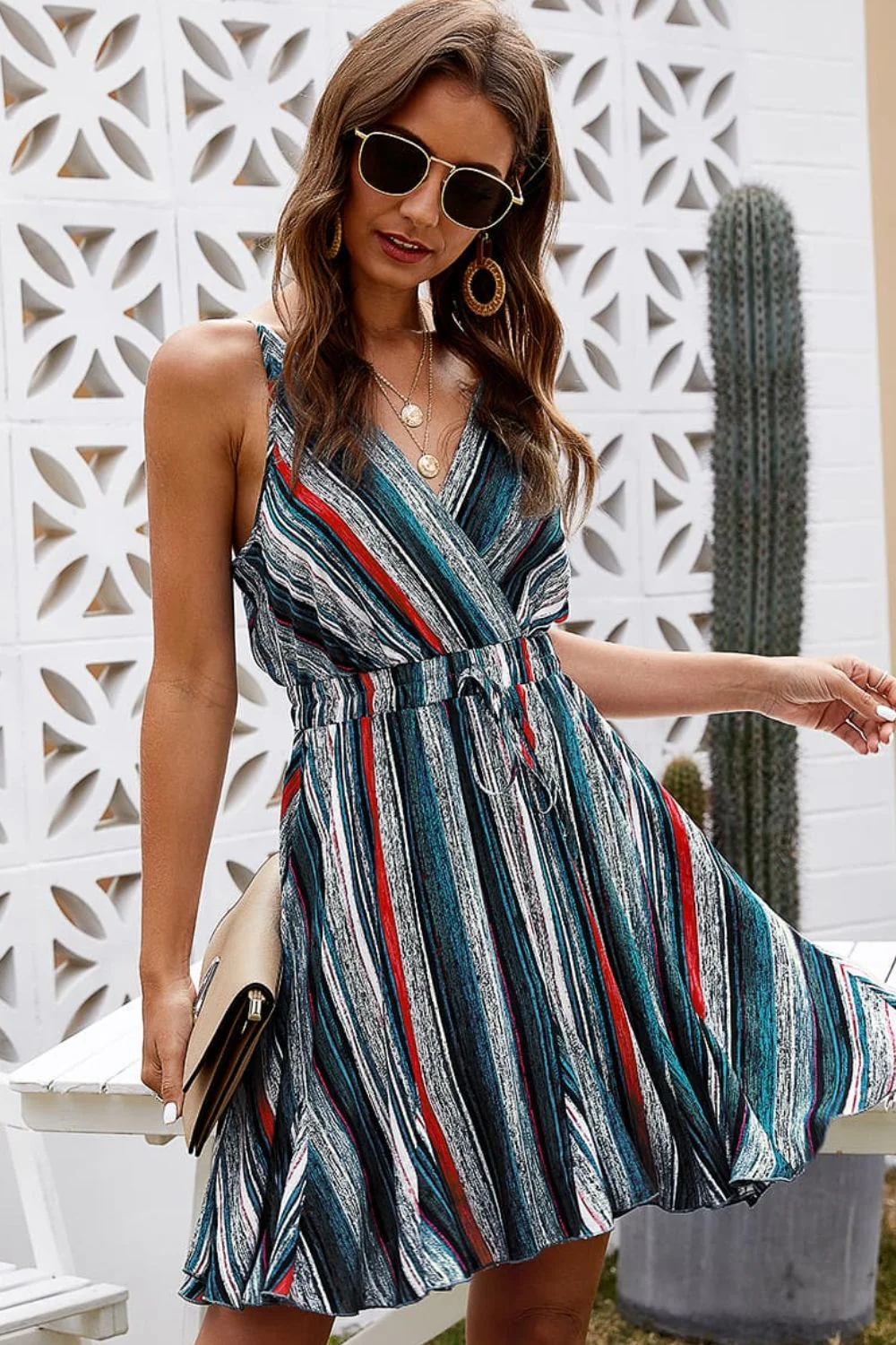 Ivy Lane Striped Surplice Neck Spaghetti Strap Dress - Image 3