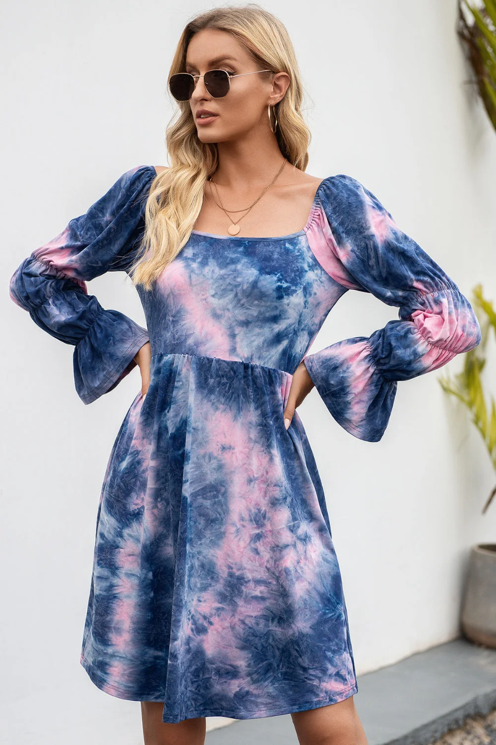 Ivy Lane Tie-Dye Square Neck Flounce Sleeve Dress - Image 2