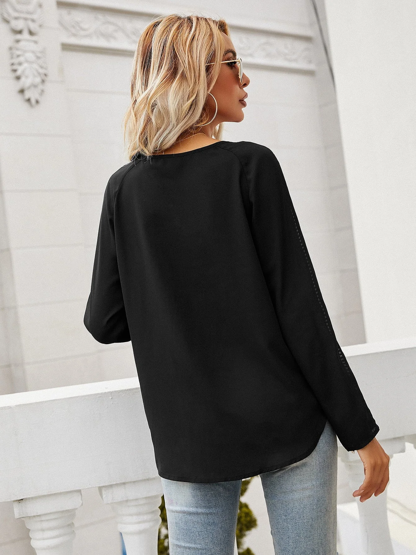 Ivy Lane Tie Neck Long Sleeve Semi-Sheer Blouse - Image 2