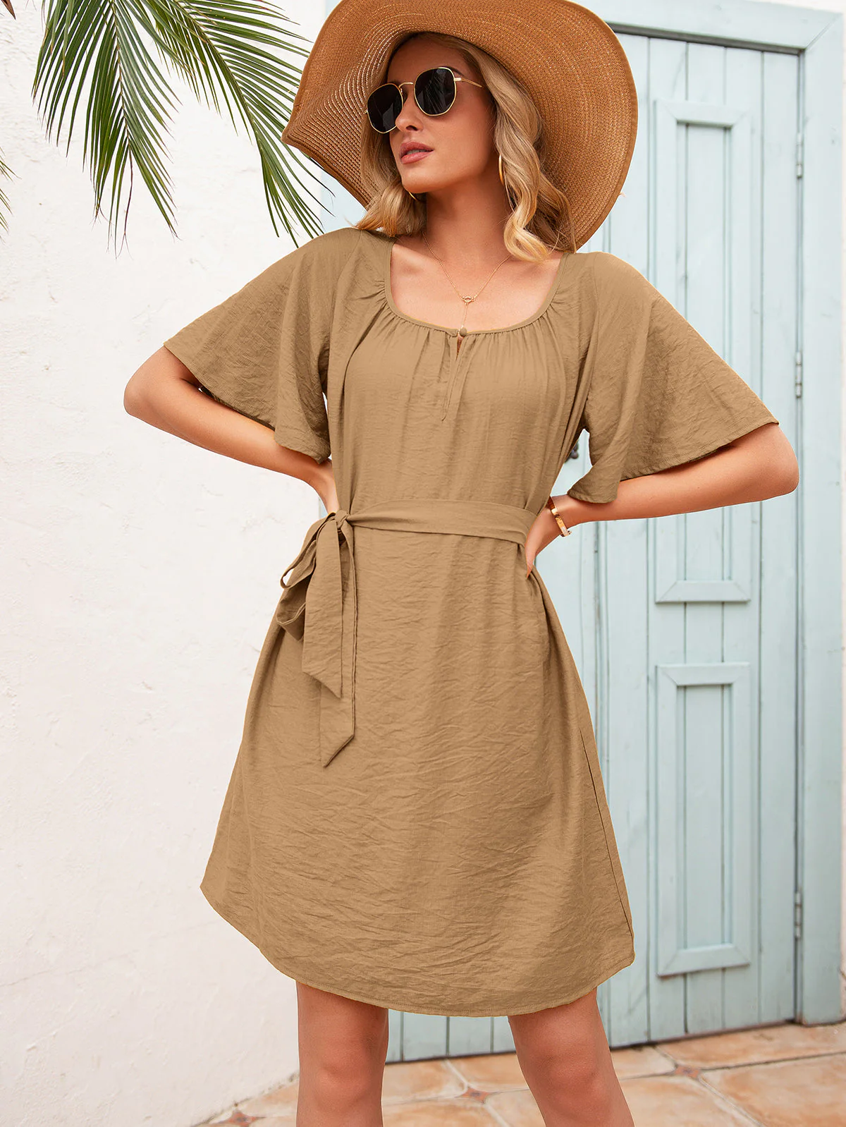 Ivy Lane Tie Waist Flutter Sleeve Mini Dress - Image 4