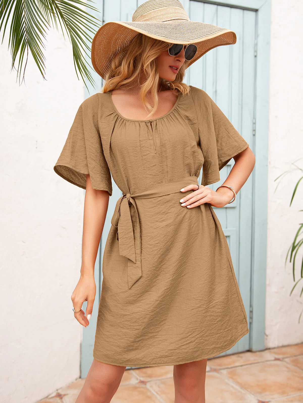 Ivy Lane Tie Waist Flutter Sleeve Mini Dress - Image 5