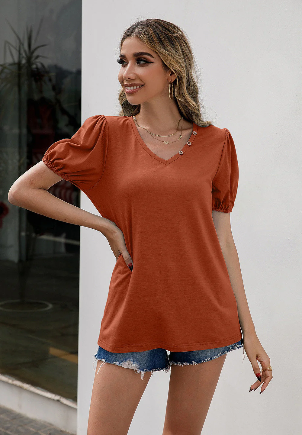 Ivy Lane V-Neck Decorative Buttons Puff Sleeve Tee - Image 3