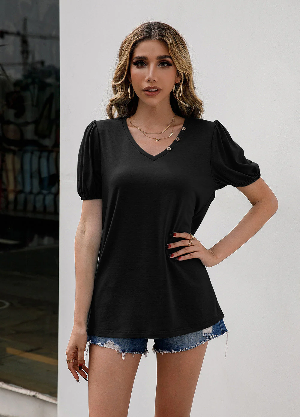 Ivy Lane V-Neck Decorative Buttons Puff Sleeve Tee - Image 4