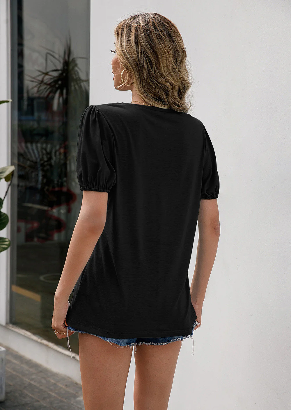 Ivy Lane V-Neck Decorative Buttons Puff Sleeve Tee - Image 6