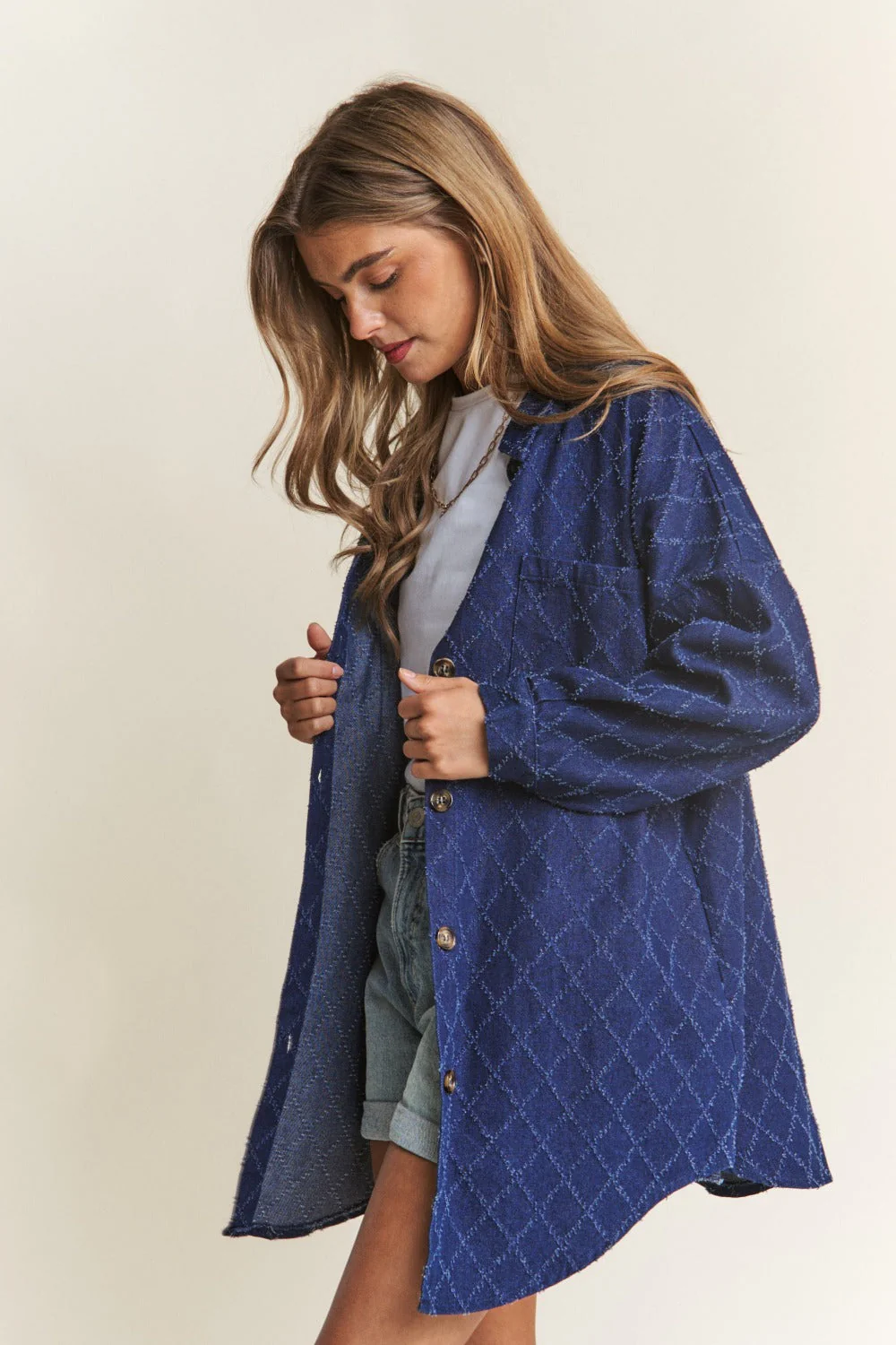 J.NNA Rhombus Stitched Button Up Denim Shacket - Image 3