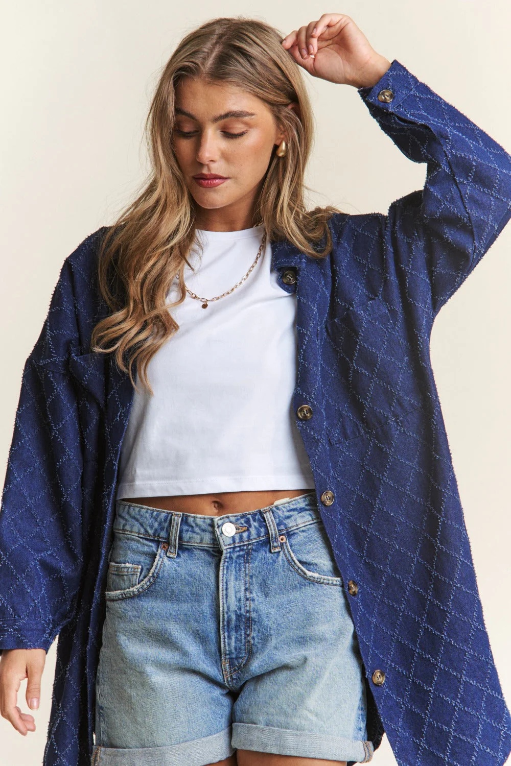 J.NNA Rhombus Stitched Button Up Denim Shacket - Image 4