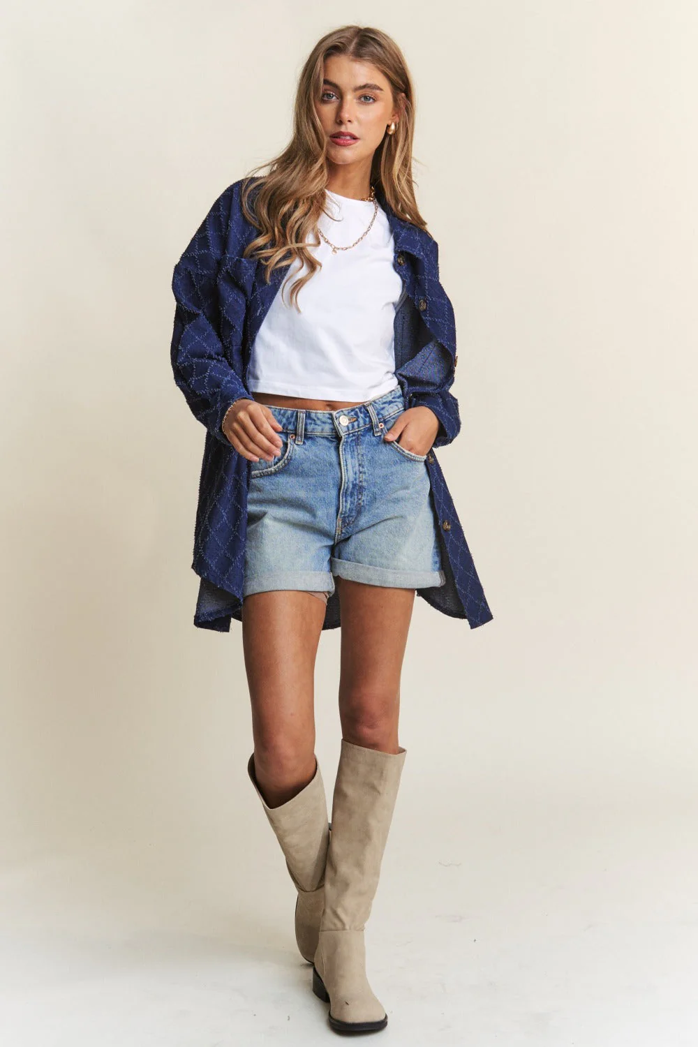 J.NNA Rhombus Stitched Button Up Denim Shacket - Image 5