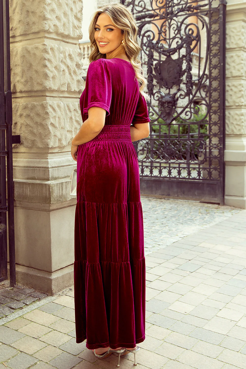Katherine Velvet Short Sleeve Shirred Waist Tiered Dress by Poppy Lee Lane - Image 2