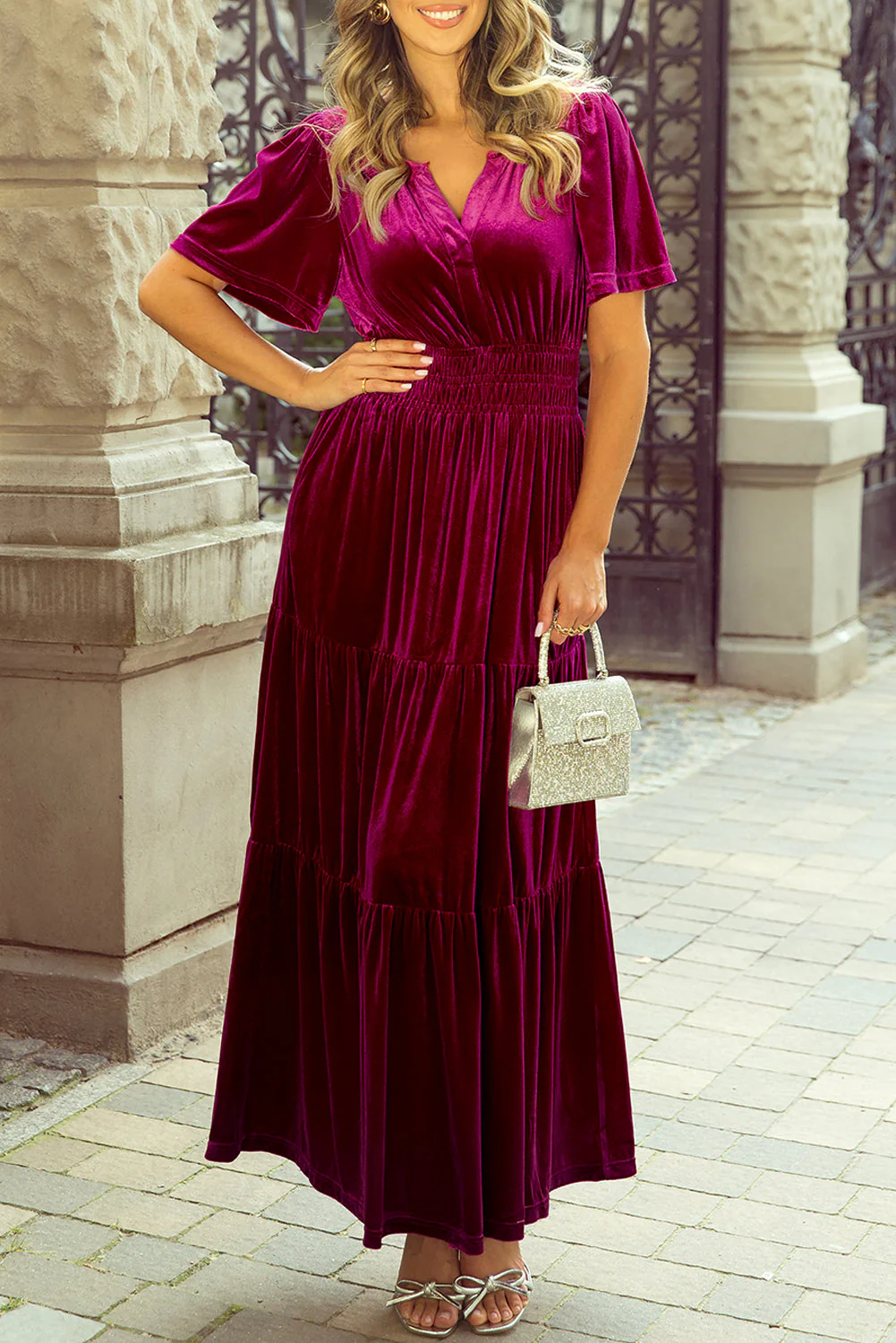 Katherine Velvet Short Sleeve Shirred Waist Tiered Dress by Poppy Lee Lane - Image 6