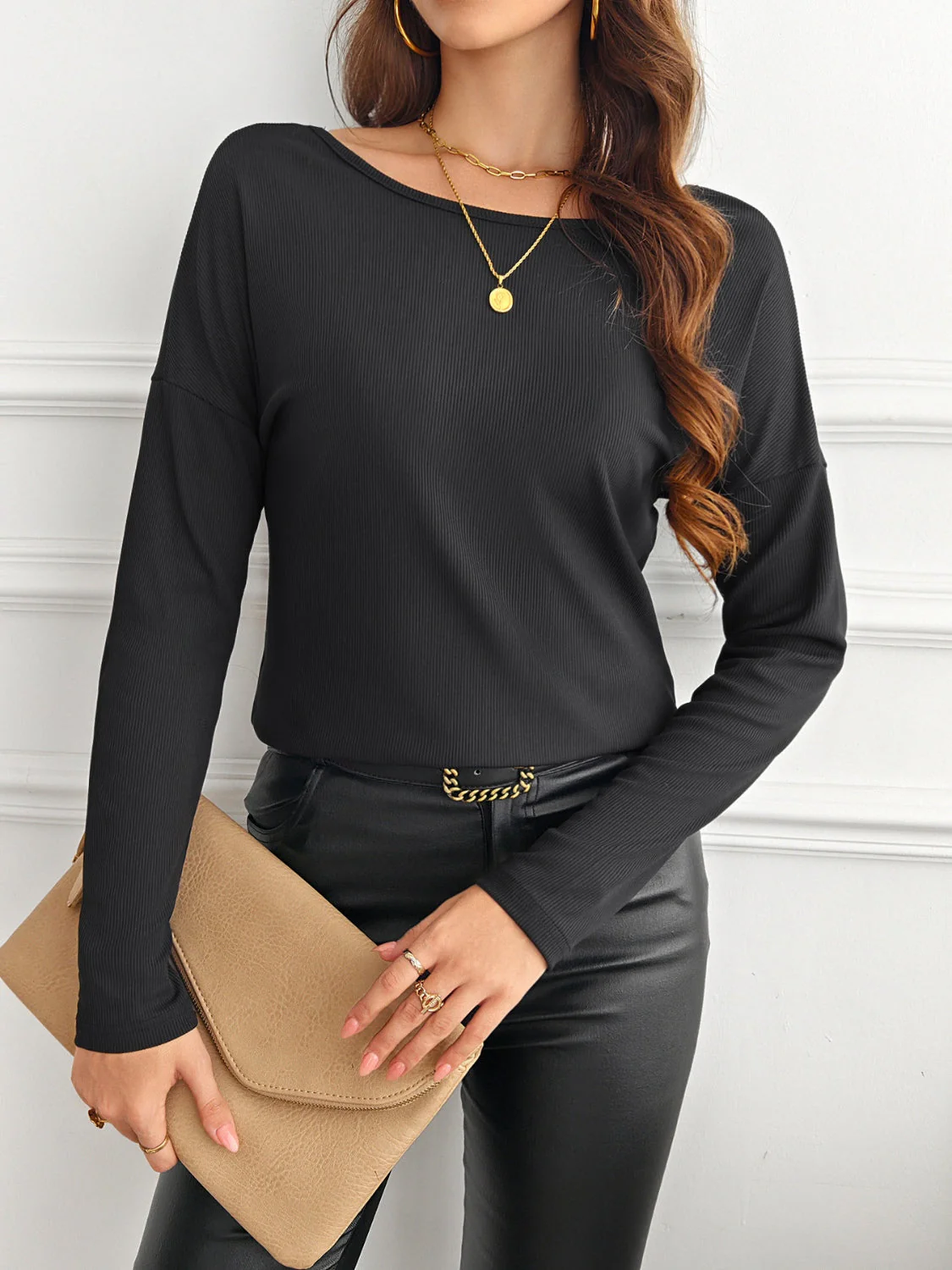Lace Detail Butterfly Back Round Neck Long Sleeve T-Shirt - Image 11
