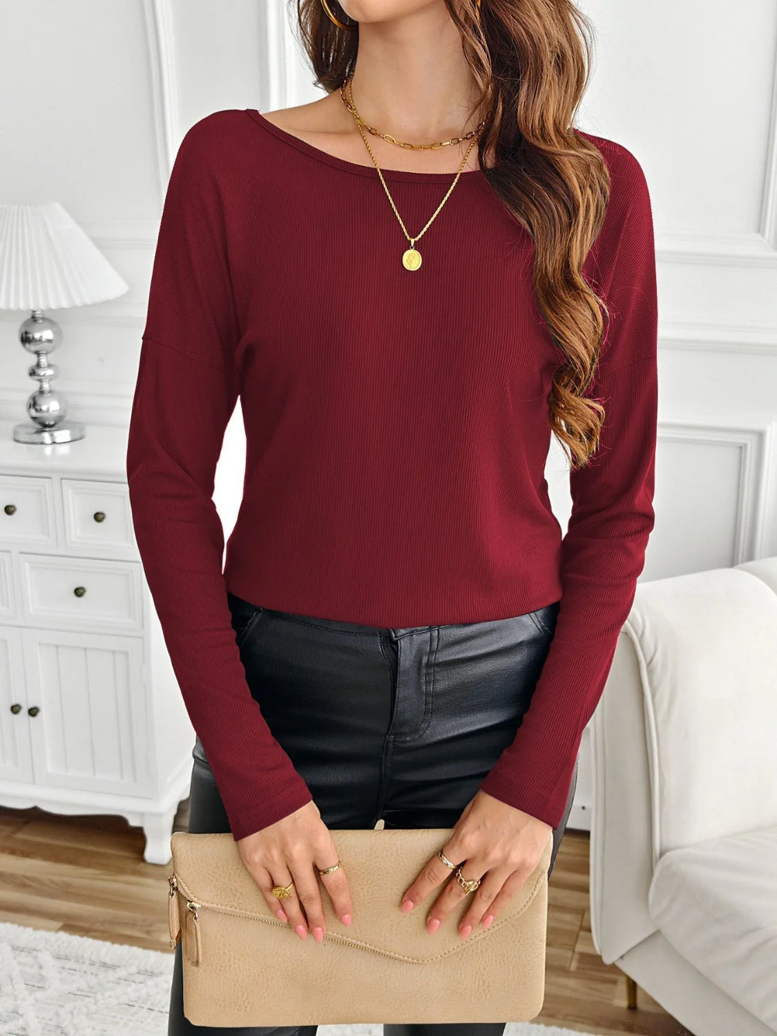 Lace Detail Butterfly Back Round Neck Long Sleeve T-Shirt - Image 4