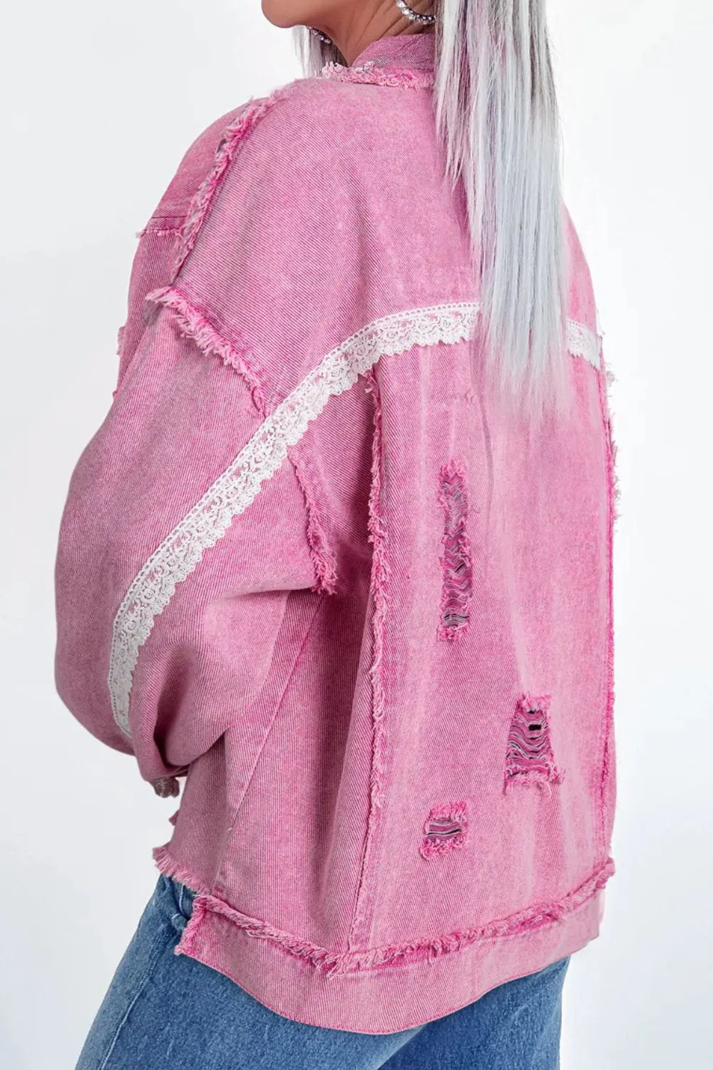Lace Detail Distressed Raw Hem Long Sleeve Denim Jacket - Image 2