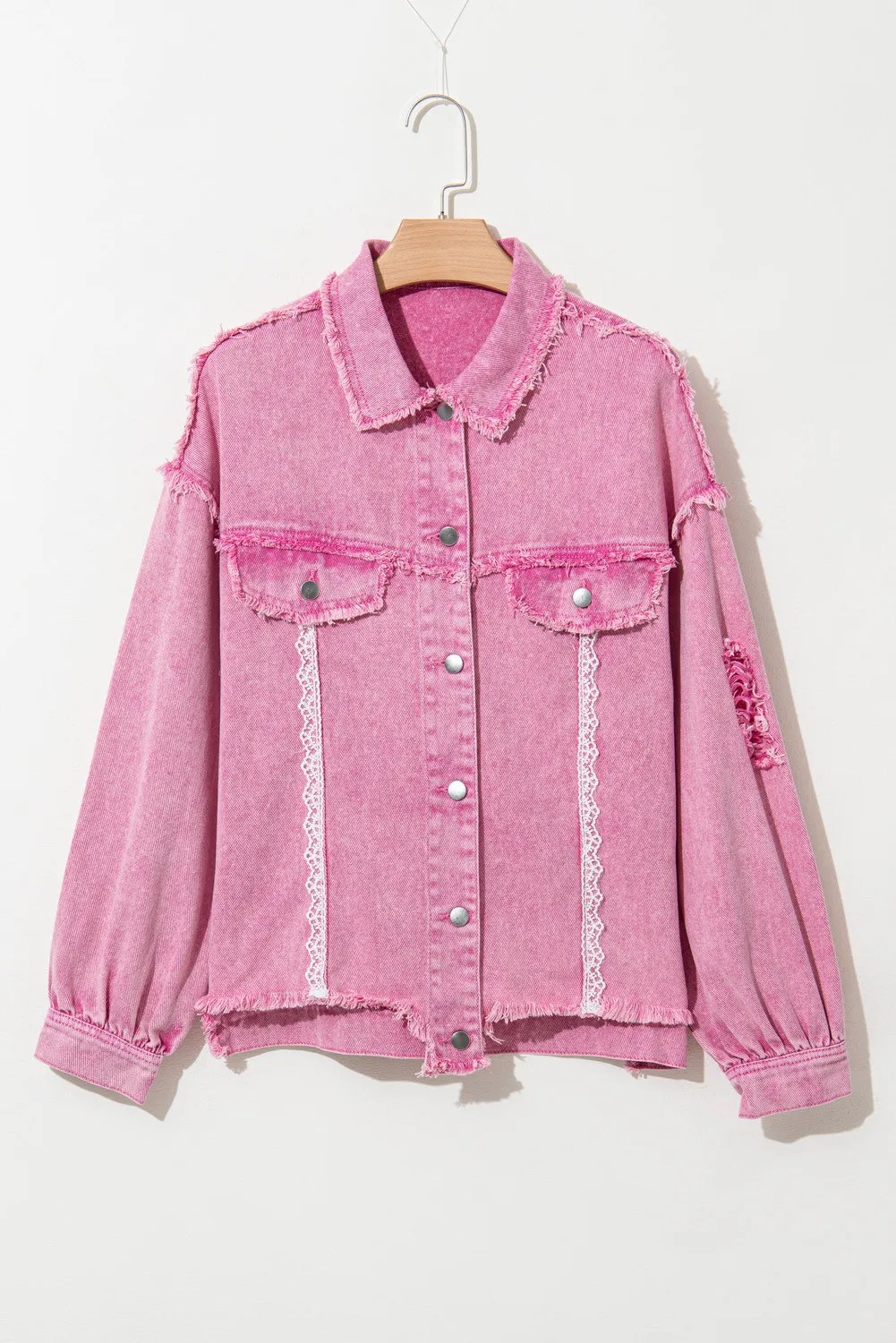 Lace Detail Distressed Raw Hem Long Sleeve Denim Jacket - Image 3