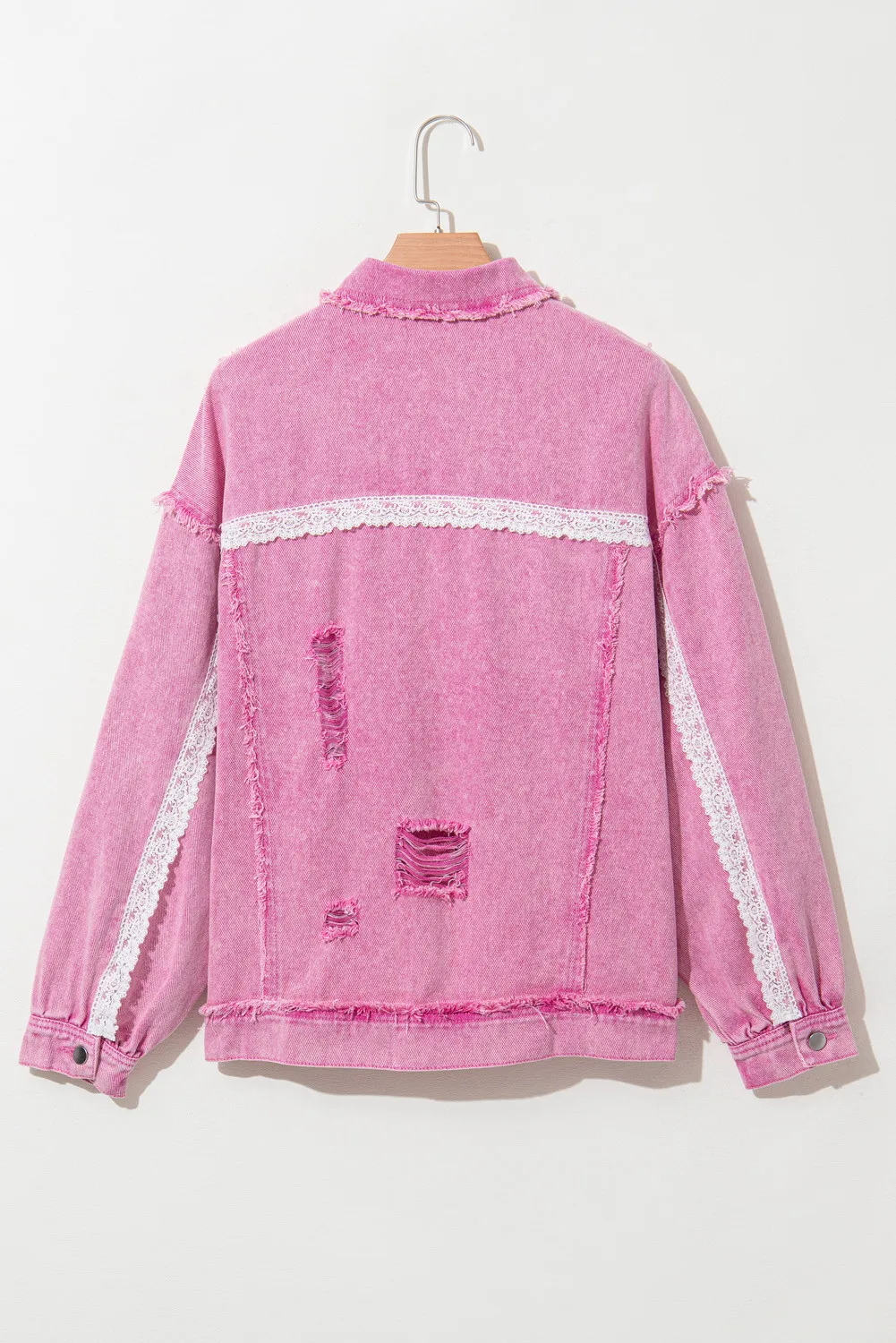 Lace Detail Distressed Raw Hem Long Sleeve Denim Jacket - Image 4