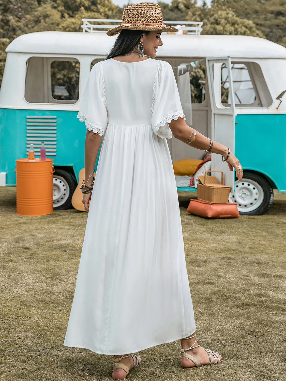 Lace Detail Eyelet V-Neck Half Sleeve Dress - Image 2