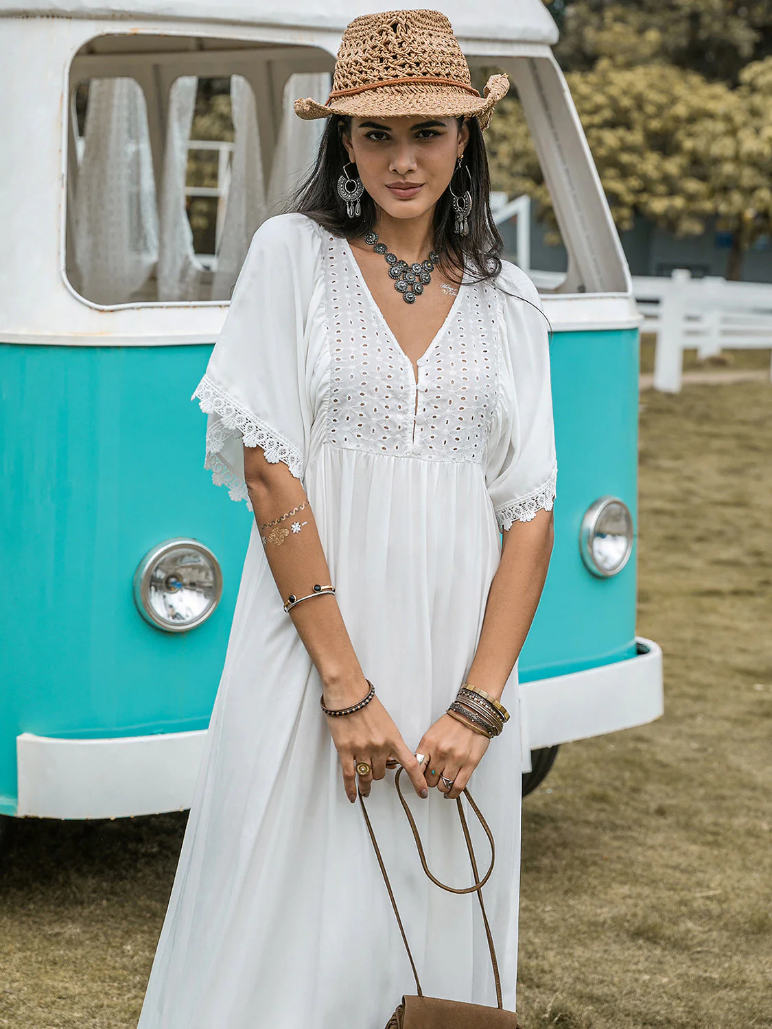 Lace Detail Eyelet V-Neck Half Sleeve Dress - Image 3