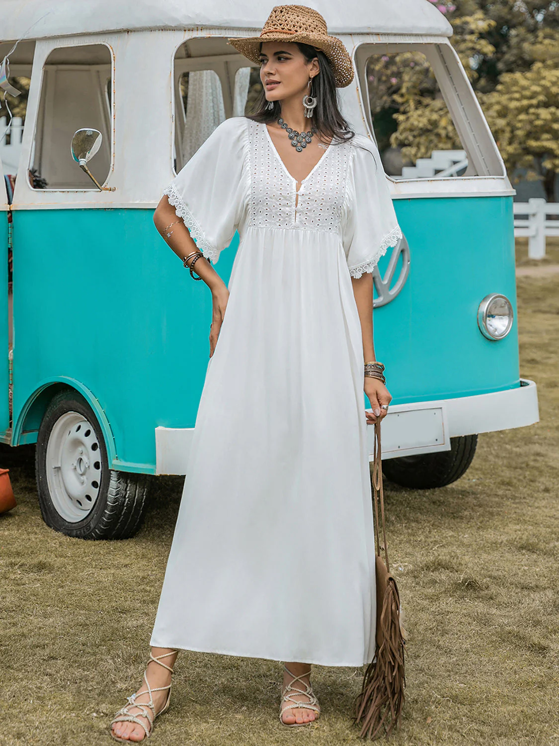 Lace Detail Eyelet V-Neck Half Sleeve Dress - Image 5