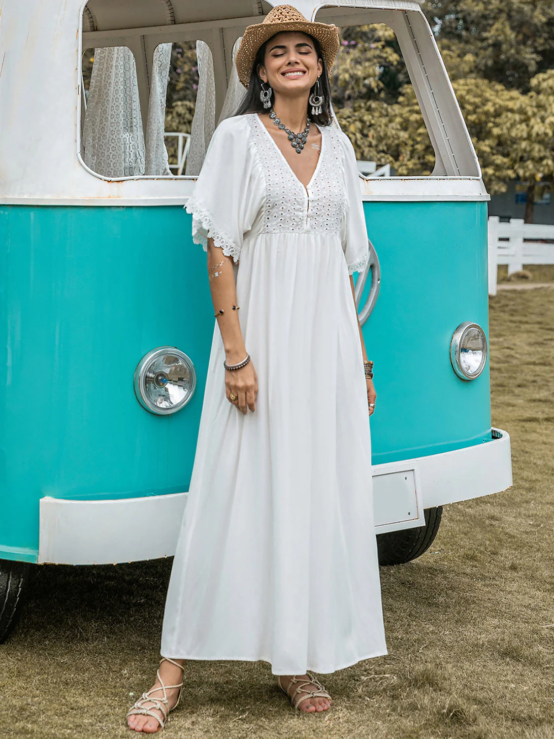 Lace Detail Eyelet V-Neck Half Sleeve Dress - Image 6