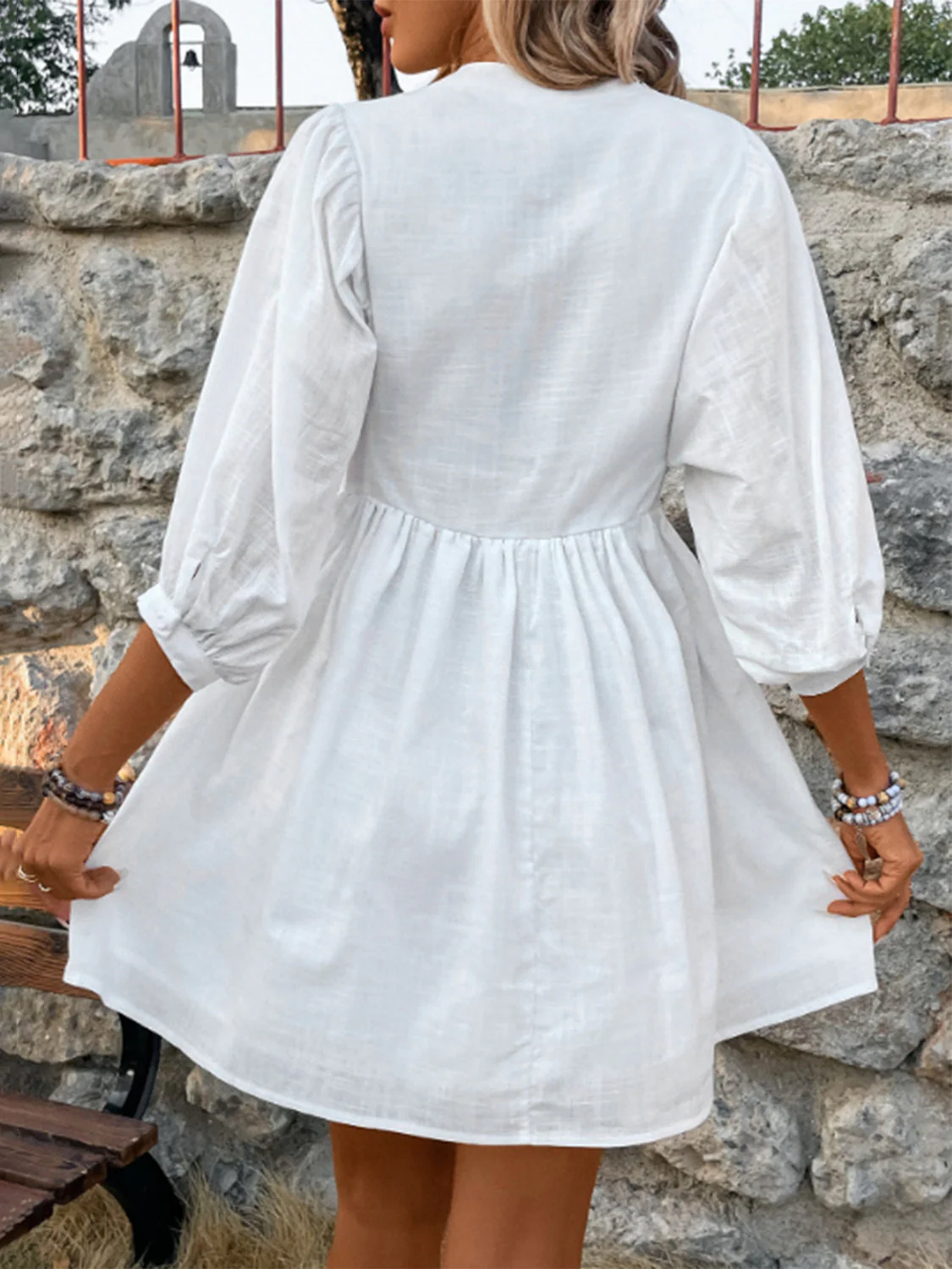 Lace Detail Half Button Three-Quarter Sleeve Dress - Image 2