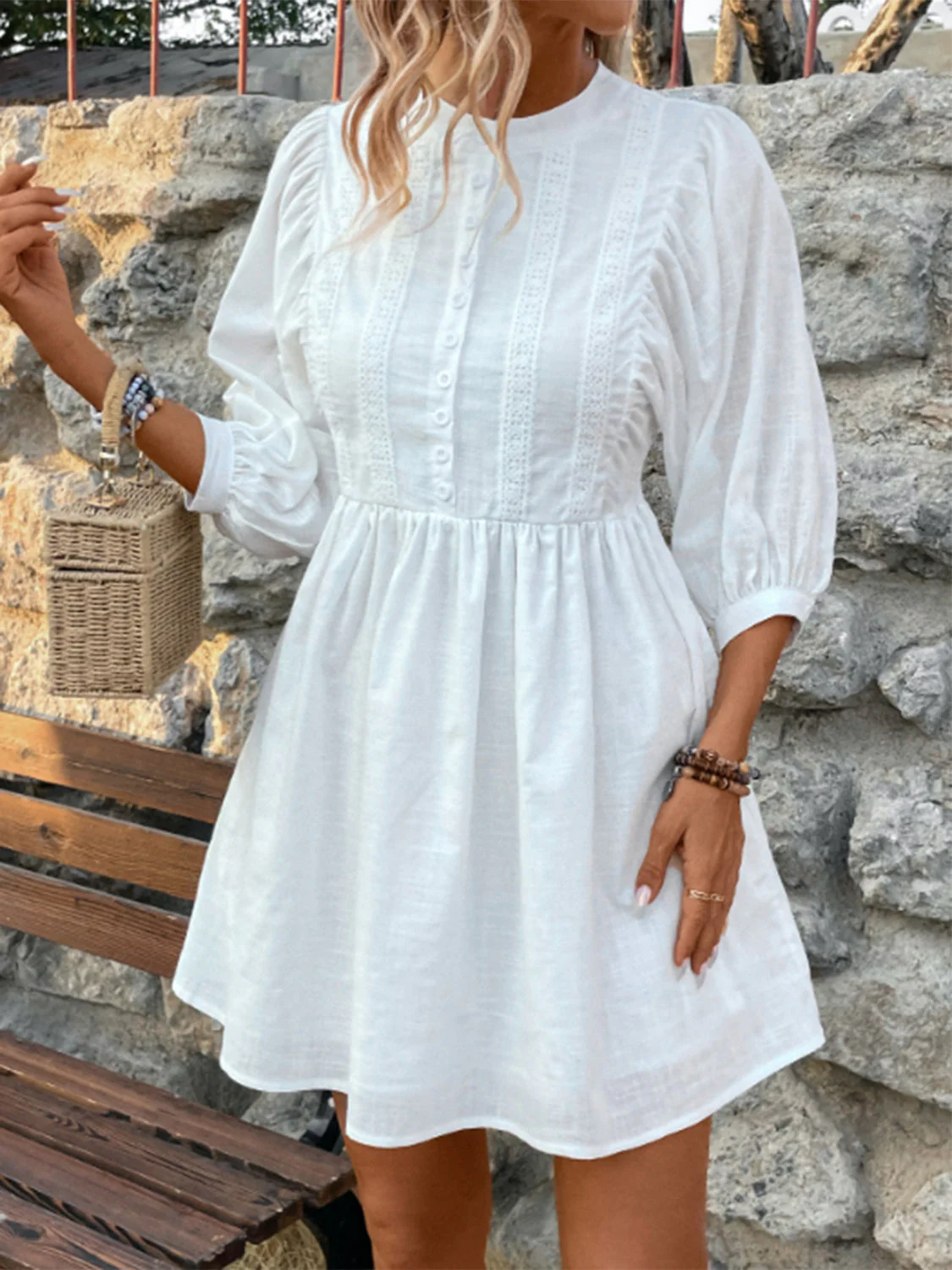 Lace Detail Half Button Three-Quarter Sleeve Dress - Image 3