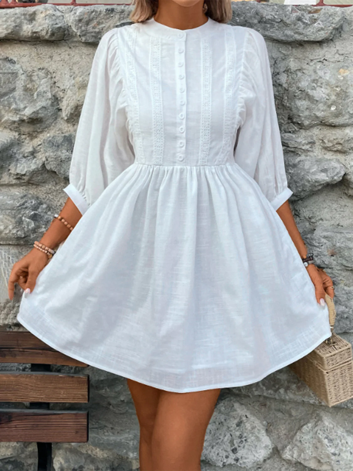 Lace Detail Half Button Three-Quarter Sleeve Dress - Image 4