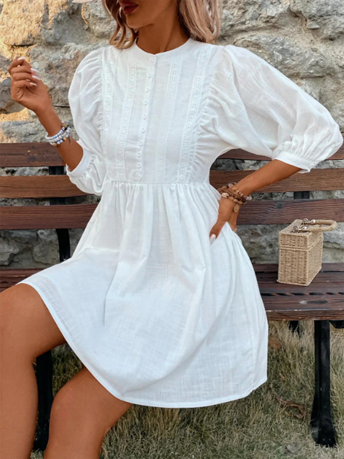 Lace Detail Half Button Three-Quarter Sleeve Dress - Image 5